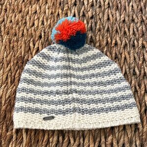 Pistil Gray and Cream Striped Beanie with Colorful Pom Pom